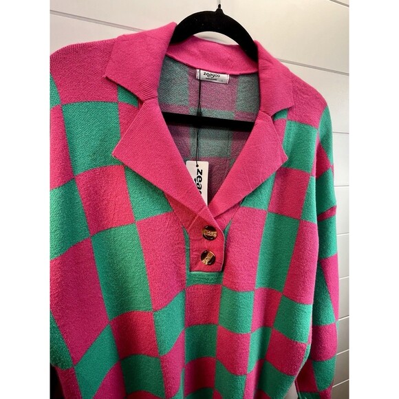Zeagoo Hot Pink Green Plaid Sweater NEW Womens L Clueless Preppy Prep School - Picture 2 of 10